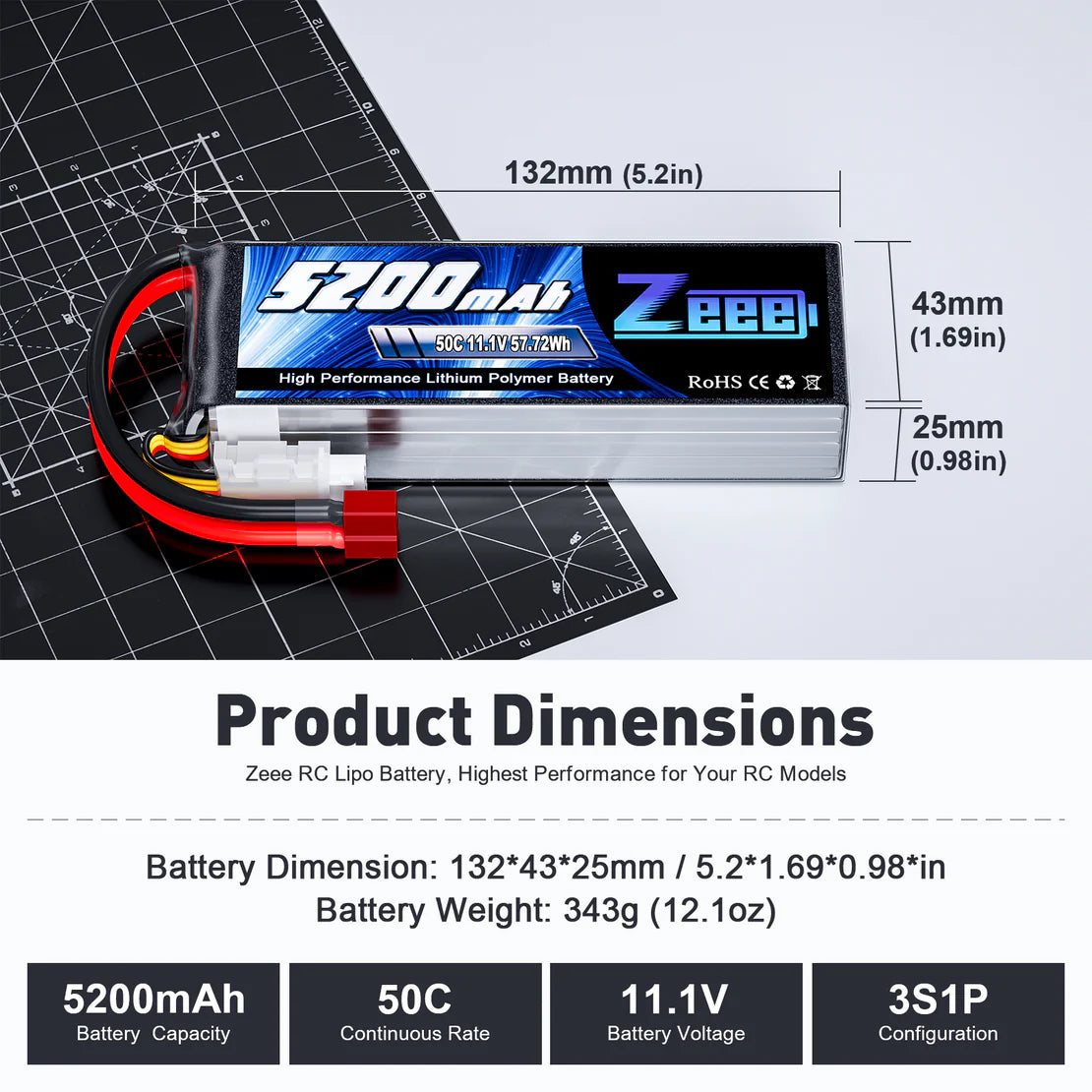 Zeee 3S Lipo Battery 5200mAh 11.1V 50C with Deans T Connector Soft Case for RC Car RC Models
