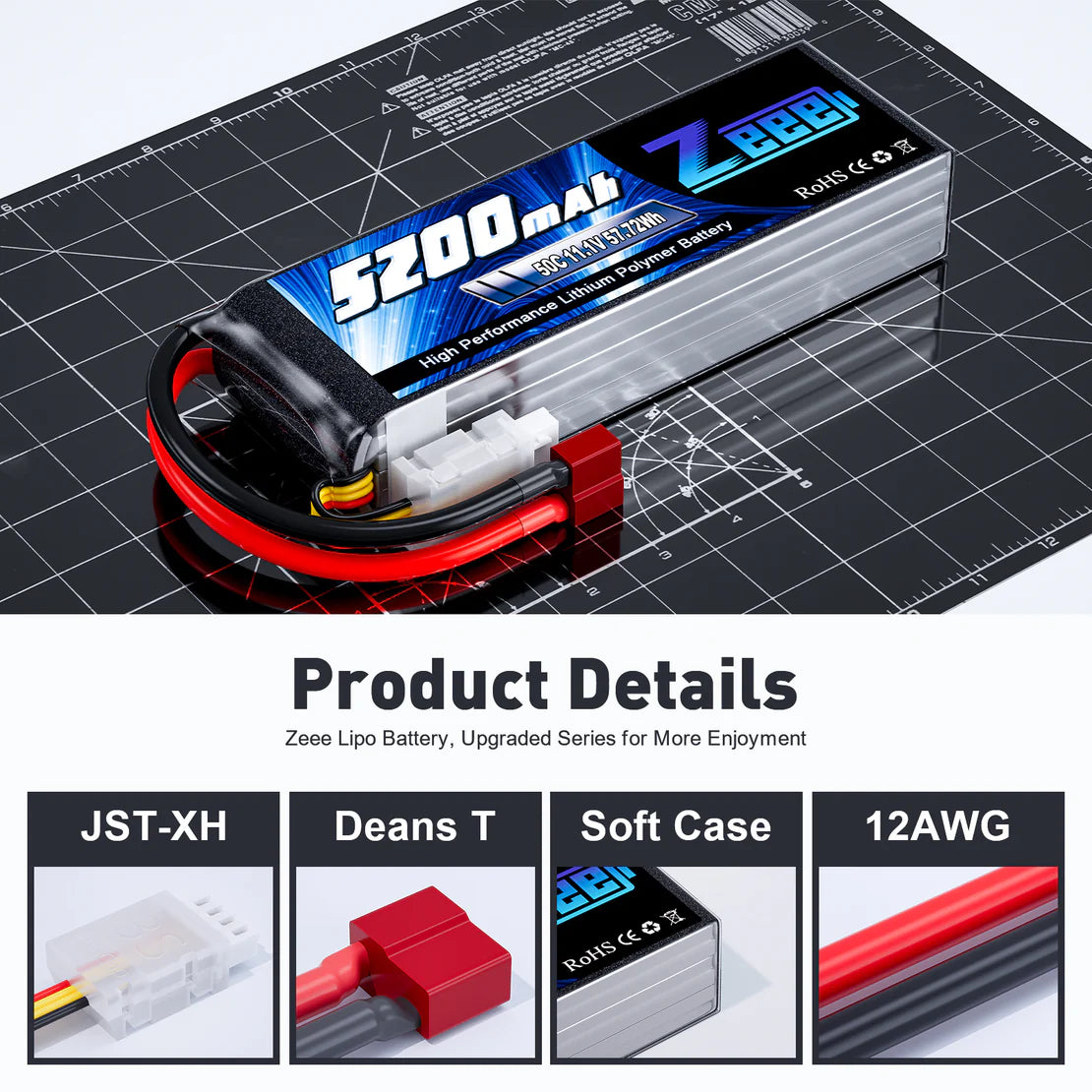 Zeee 3S Lipo Battery 5200mAh 11.1V 50C with Deans T Connector Soft Case for RC Car RC Models