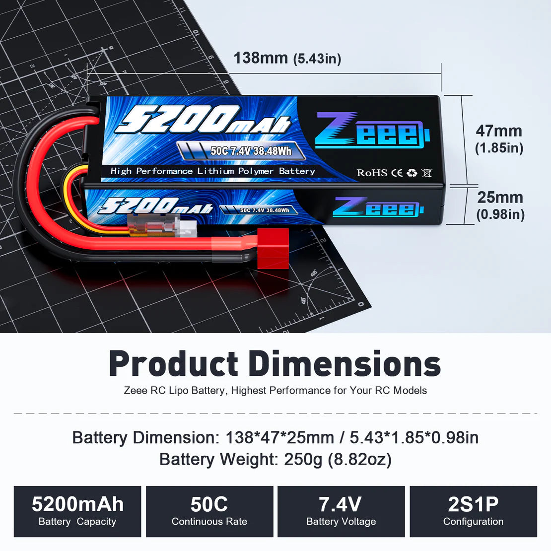 Zeee 2S Lipo Battery 5200mAh 7.4V 50C Hard Case with Deans T Plug for RC Models(1 Pack)