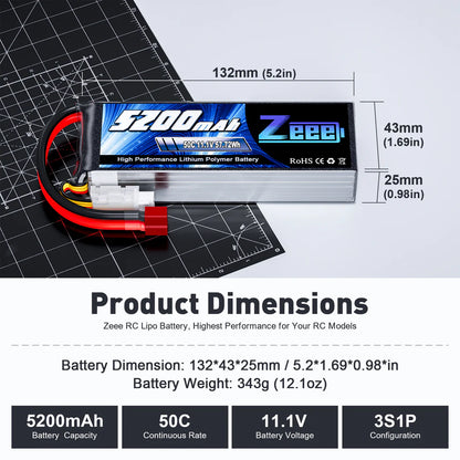 Zeee 3S Lipo Battery 5200mAh 11.1V 50C with Deans T Connector Soft Case for RC Car RC Models