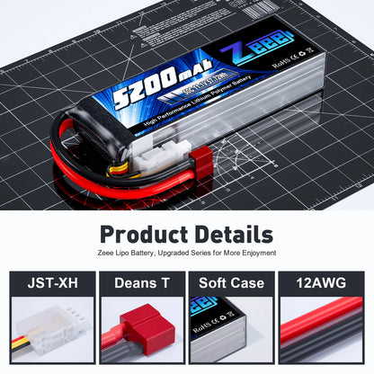Zeee 3S Lipo Battery 5200mAh 11.1V 50C with Deans T Connector Soft Case for RC Car RC Models
