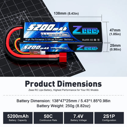 Zeee 2S Lipo Battery 5200mAh 7.4V 50C Hard Case with Deans T Plug for RC Models(1 Pack)